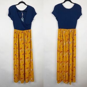 ModCloth Navy Blue Yellow Floral Faux Wrap Maxi Dress Short Sleeve Women's M New